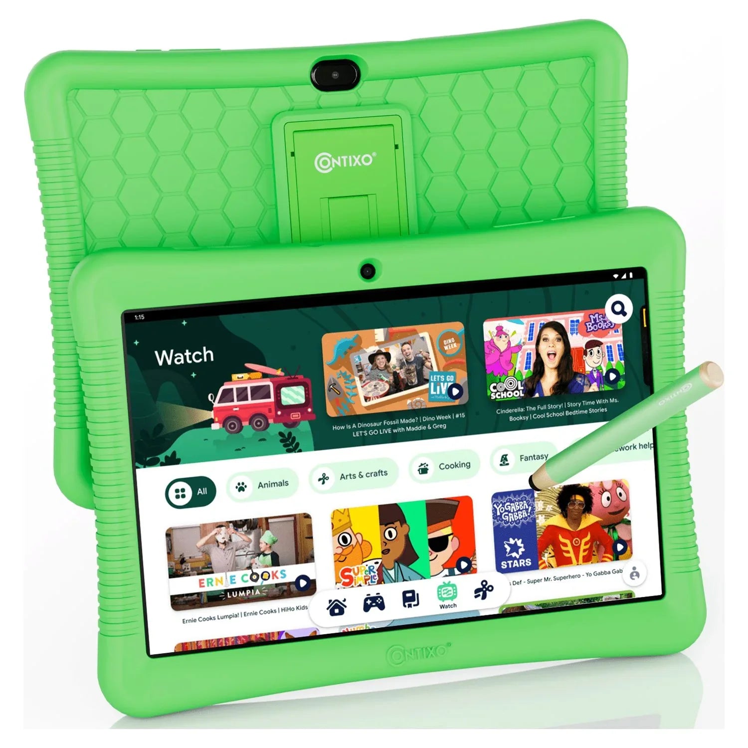 Contixo 10" Android Kids Tablet and Smart Watch Bundle 64GB, Includes 80+ Disney Storybooks & Stickers (Value $400), Kid-Proof Case with Kickstand & Stylus, (2023 Model) - Green