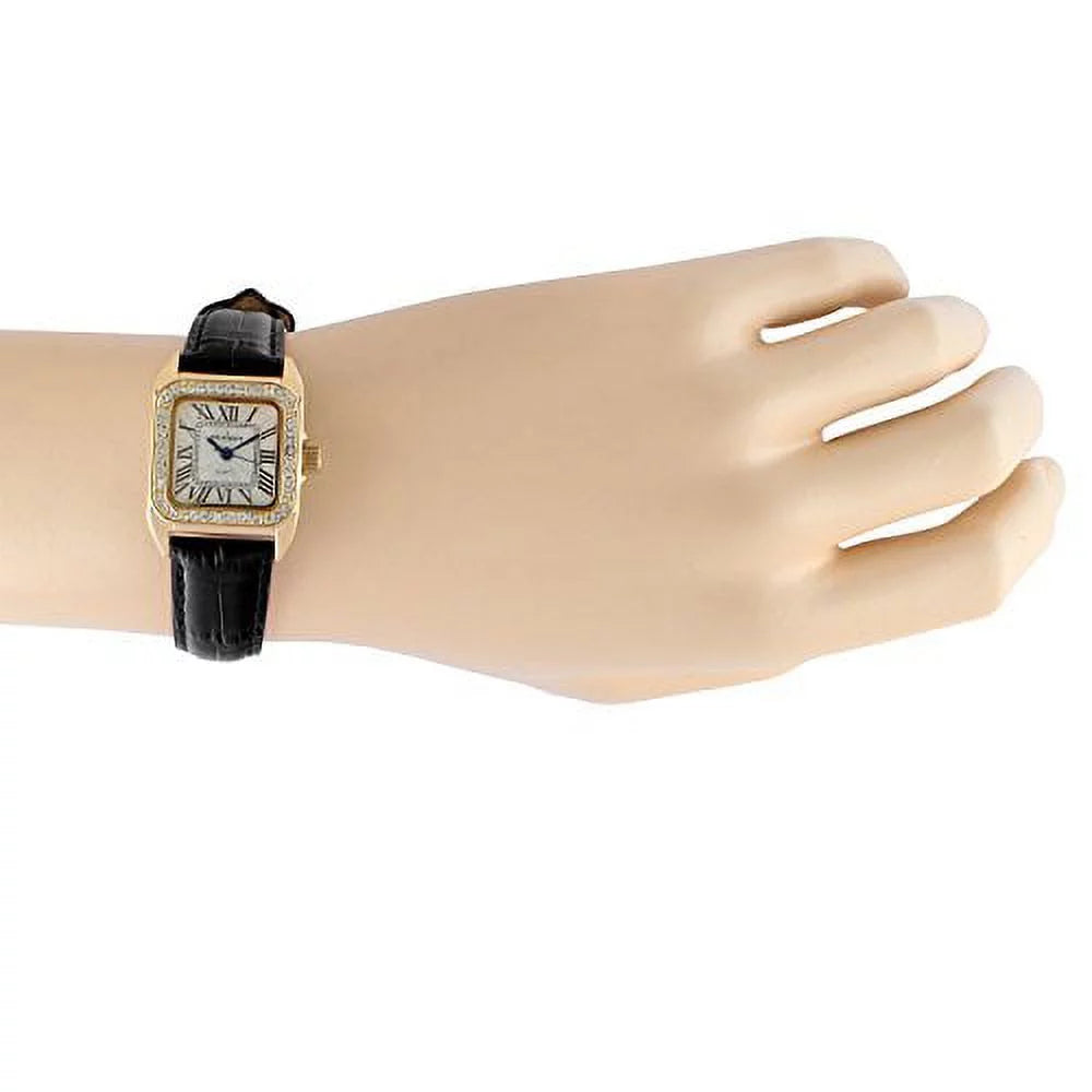 peugeot womens 14k gold plated square tank petite small black leather band luxury dress watch 3052bk