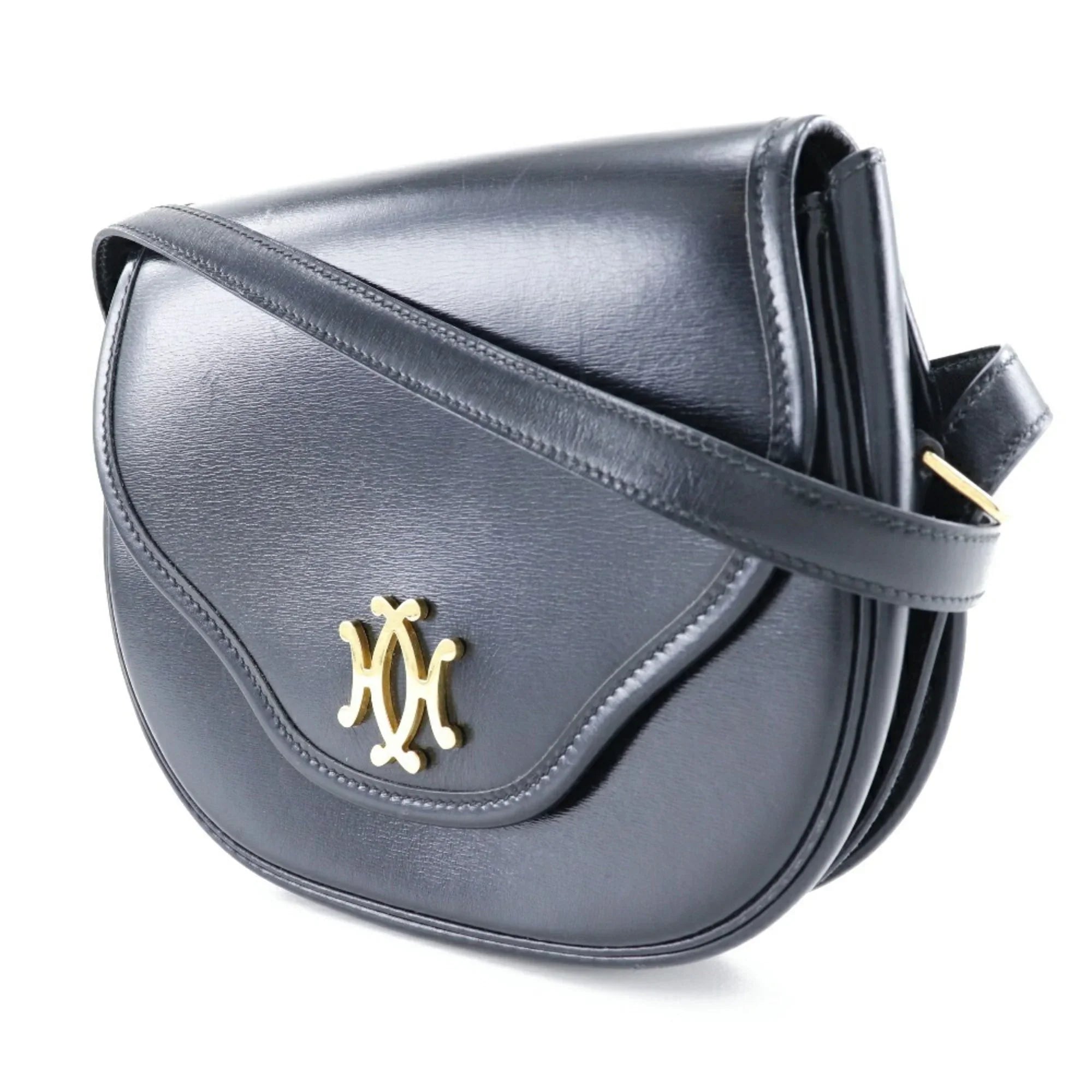 Pre-Owned Hermes  Double  Shoulder Bag Vintage Calf Made in France 1983 Black/Gold Hardware 〇M Crossbody Snap Button Ladies (Fair)