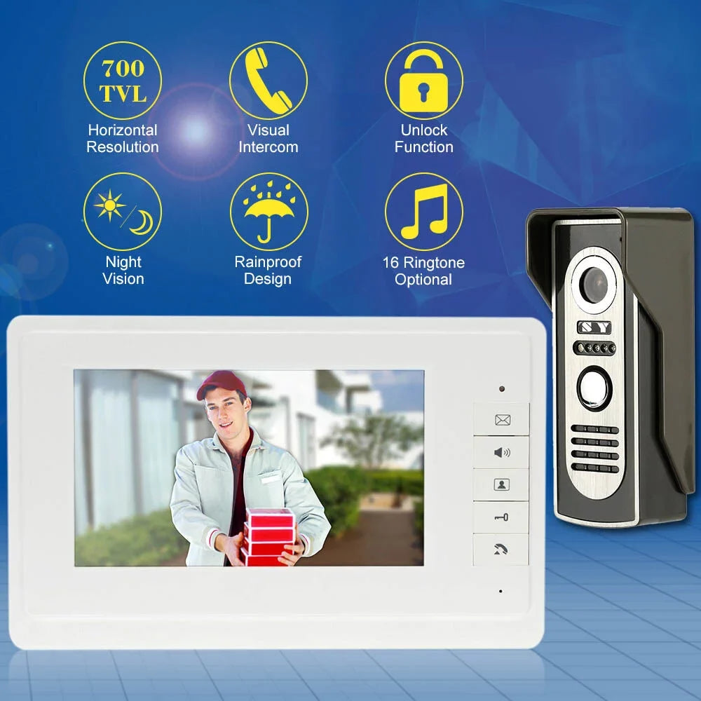 7” Wired Video Door Phone System Visual Doorbell with Indoor Monitor and Outdoor support Unlock Infrared Night View Rainproof for Home