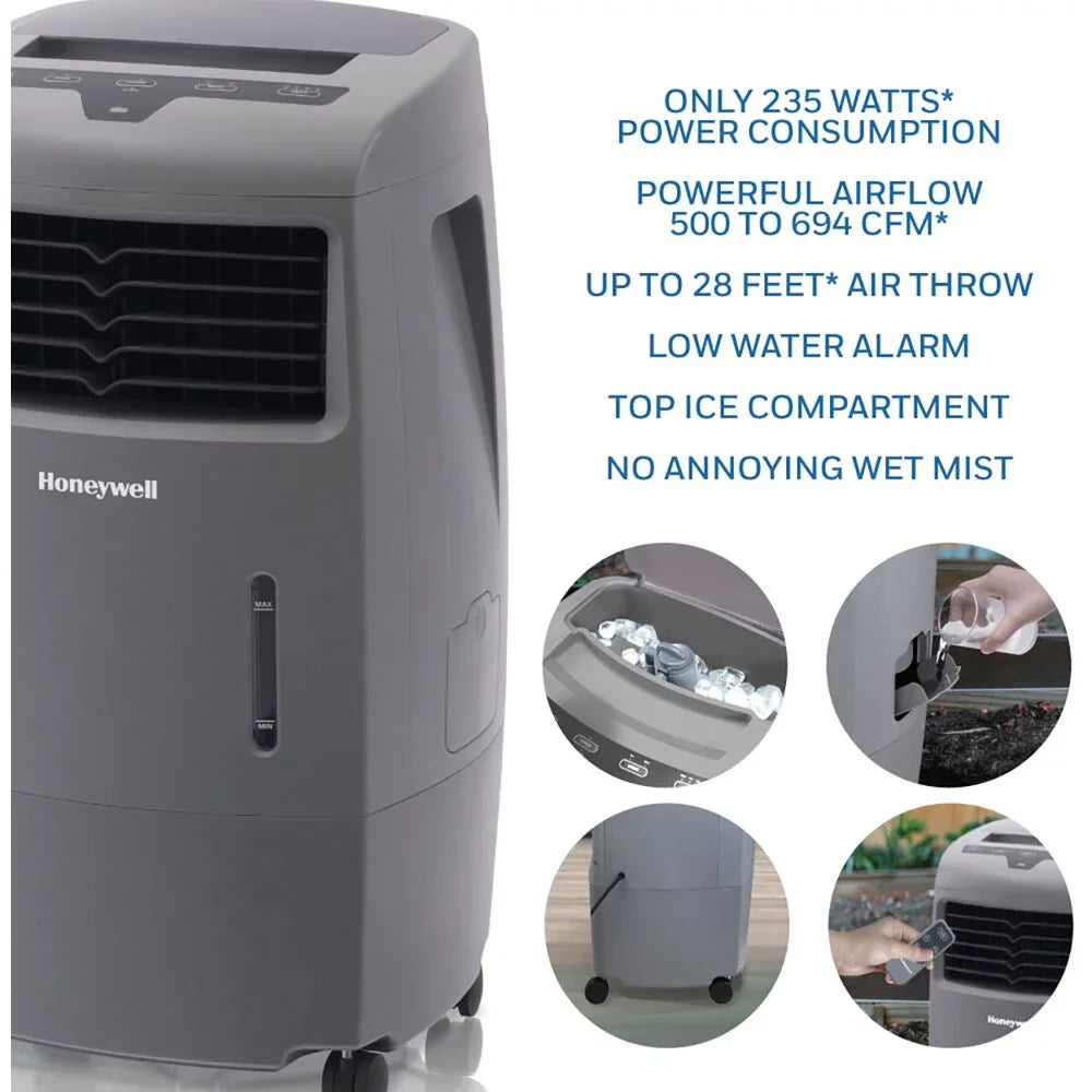 Honeywell 500-694CFM Indoor Outdoor Portable Evaporative Cooler with Fan & Humidifier, Ice Compartment & Remote Control, , Gray