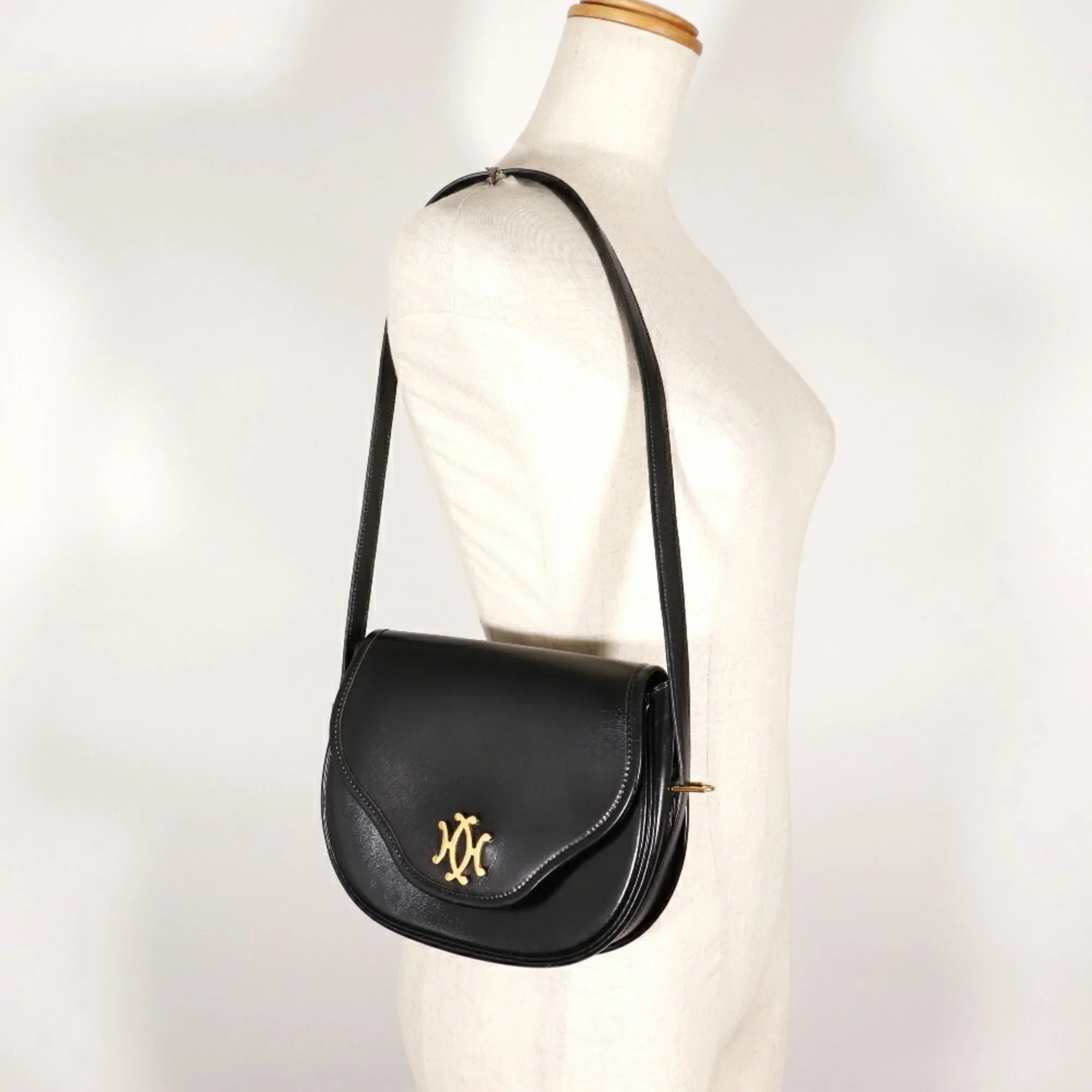 Pre-Owned Hermes  Double  Shoulder Bag Vintage Calf Made in France 1983 Black/Gold Hardware 〇M Crossbody Snap Button Ladies (Fair)