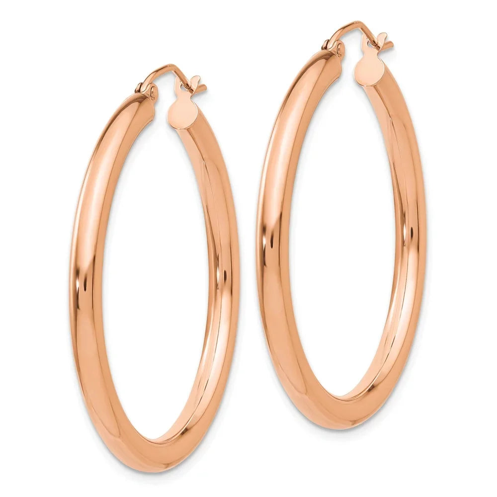 Real 14kt Rose Gold Polished 3mm Lightweight Tube Hoop Earrings; for Adults and Teens; for Women and Men