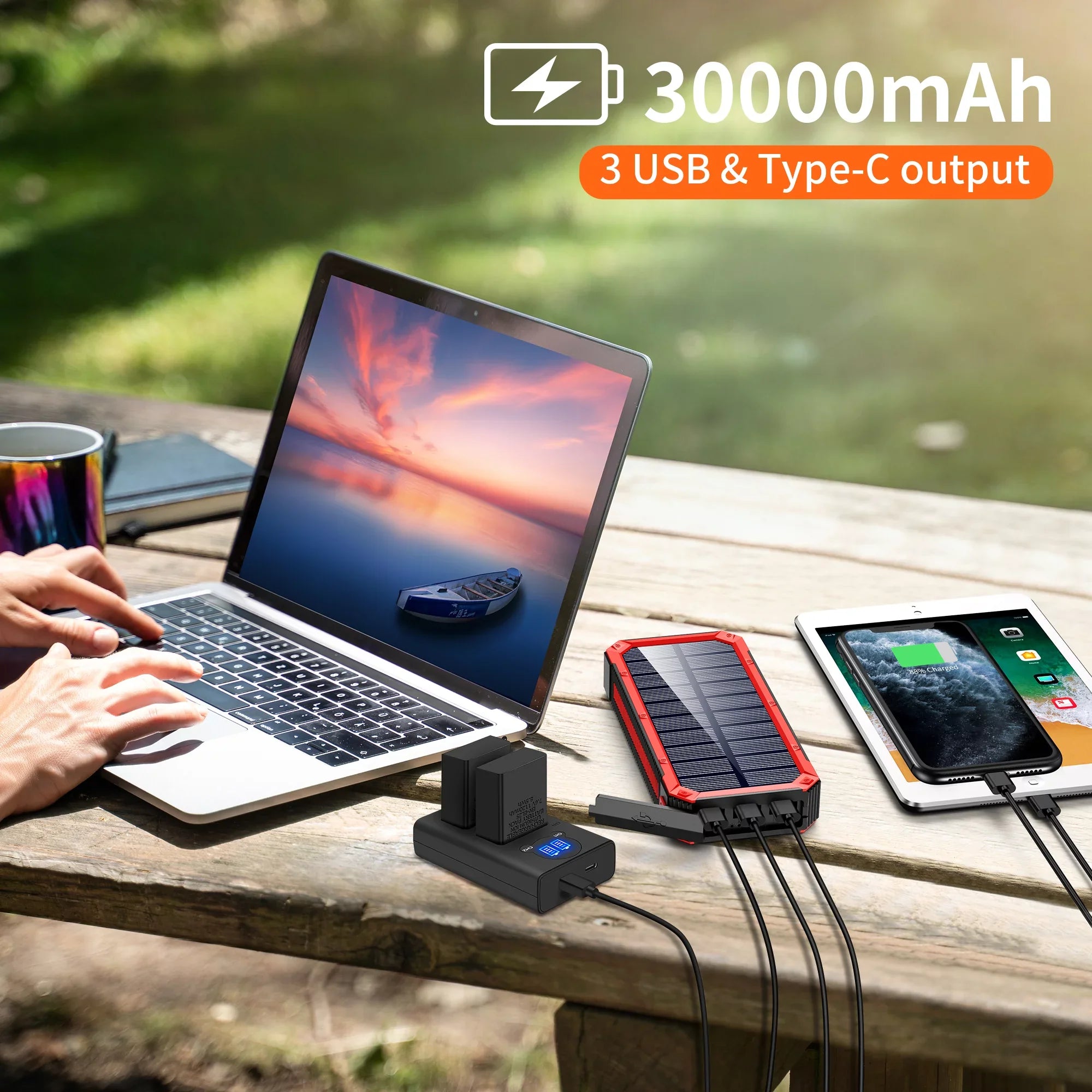 Portable Solar Power Bank 30000mAh, Wireless Solar Charger External Backup Battery, 3 Fast Charger Output Ports & 4  Flashlight