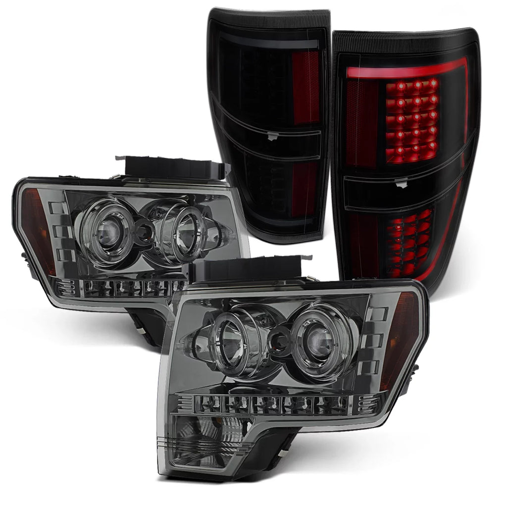 '- Fits 2009-2014 Ford -150  Dual Halo Projector Smoke Headlights + Black Smoked [-Light Bar]  Tail Lamp Combo