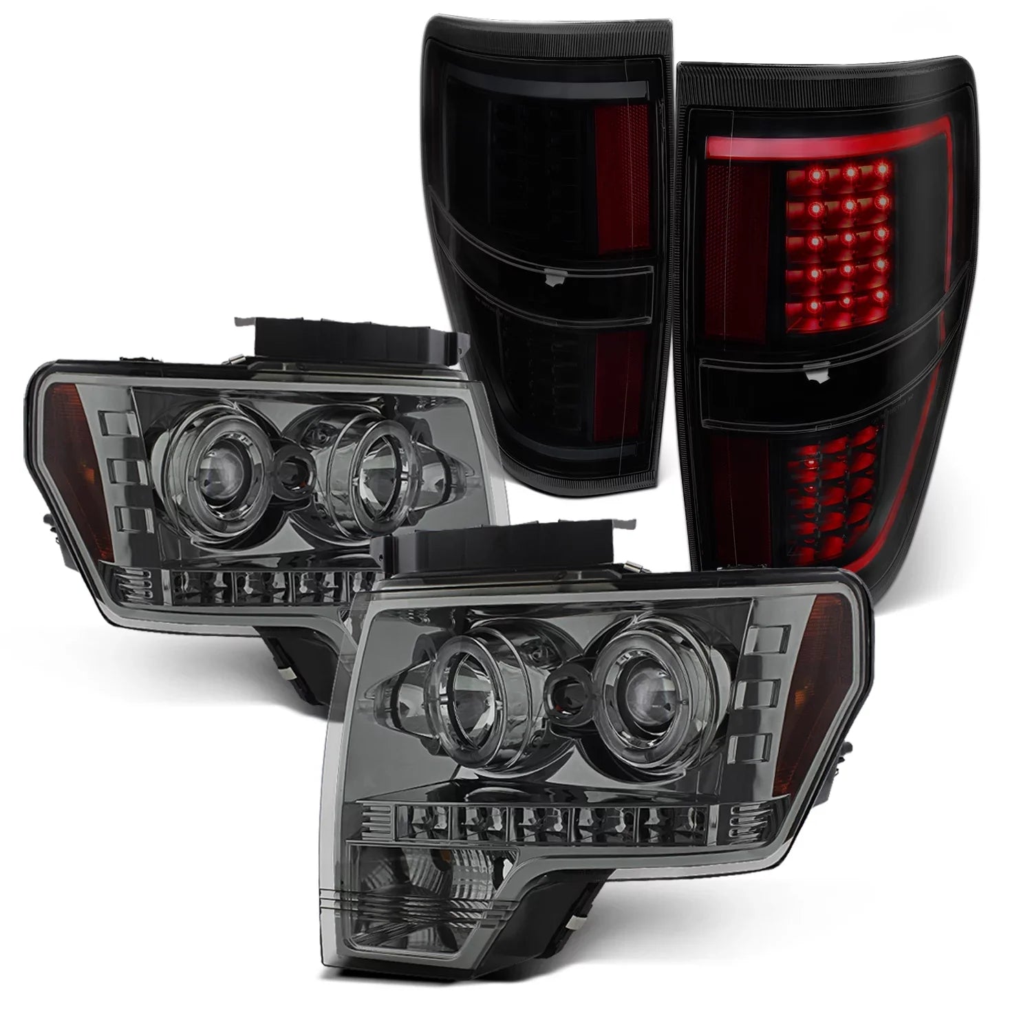 '- Fits 2009-2014 Ford -150  Dual Halo Projector Smoke Headlights + Black Smoked [-Light Bar]  Tail Lamp Combo