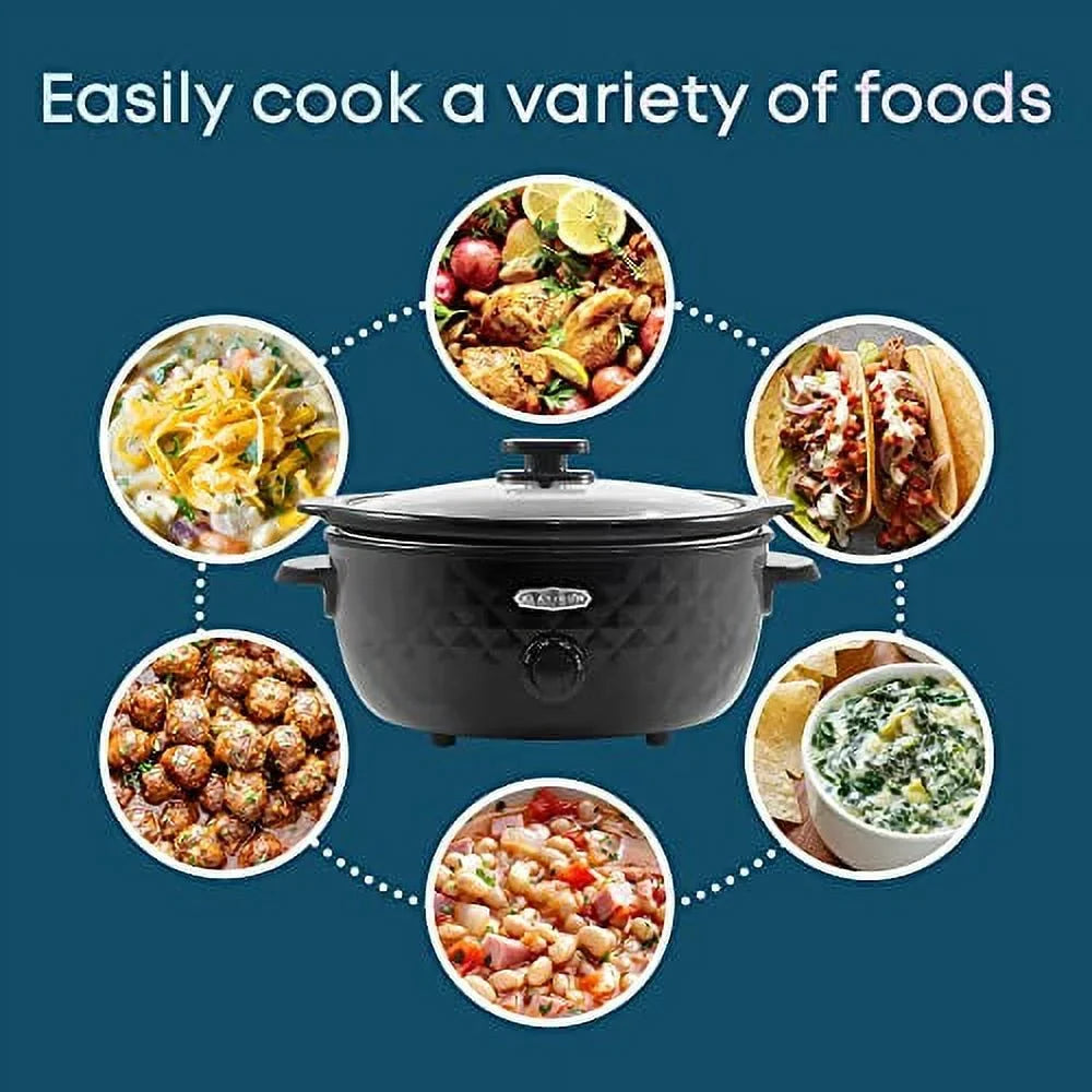 Elite Gourmet # Diamond Pattern Slow Cooker Removable, Dishwasher-Safe Stoneware Pot with Tempered Glass Lid, Cool-Touch Handles, 6 Quart, Charcoal Black