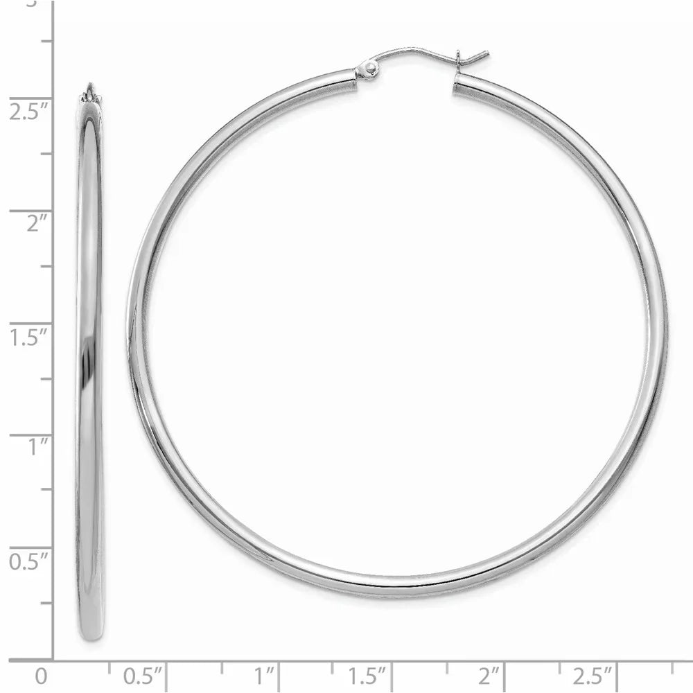 Real 14kt White Gold Polished 2.5mm Tube Hoop Earrings; for Adults and Teens; for Women and Men