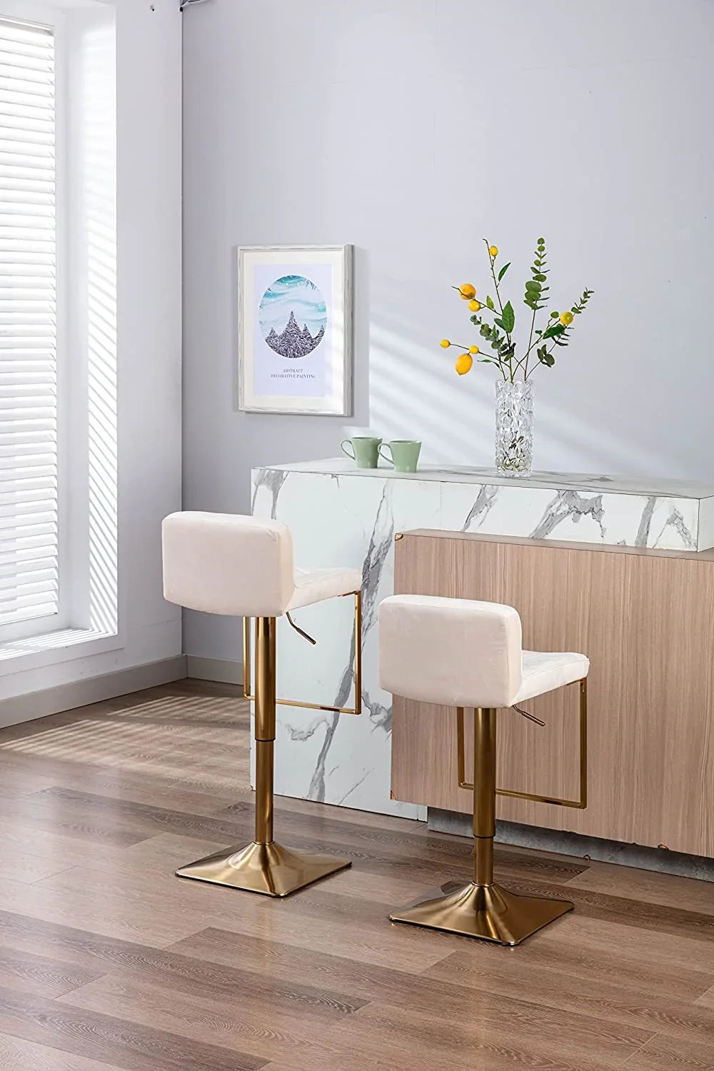 xrboomlife Velvet  Stools  Modern Swivel Counter Height Barstools  Height Adjustable Kitchen Stools for Island  Chairs Island Stools Chair Gold sillas para barra de cocina (Ivory  Set of