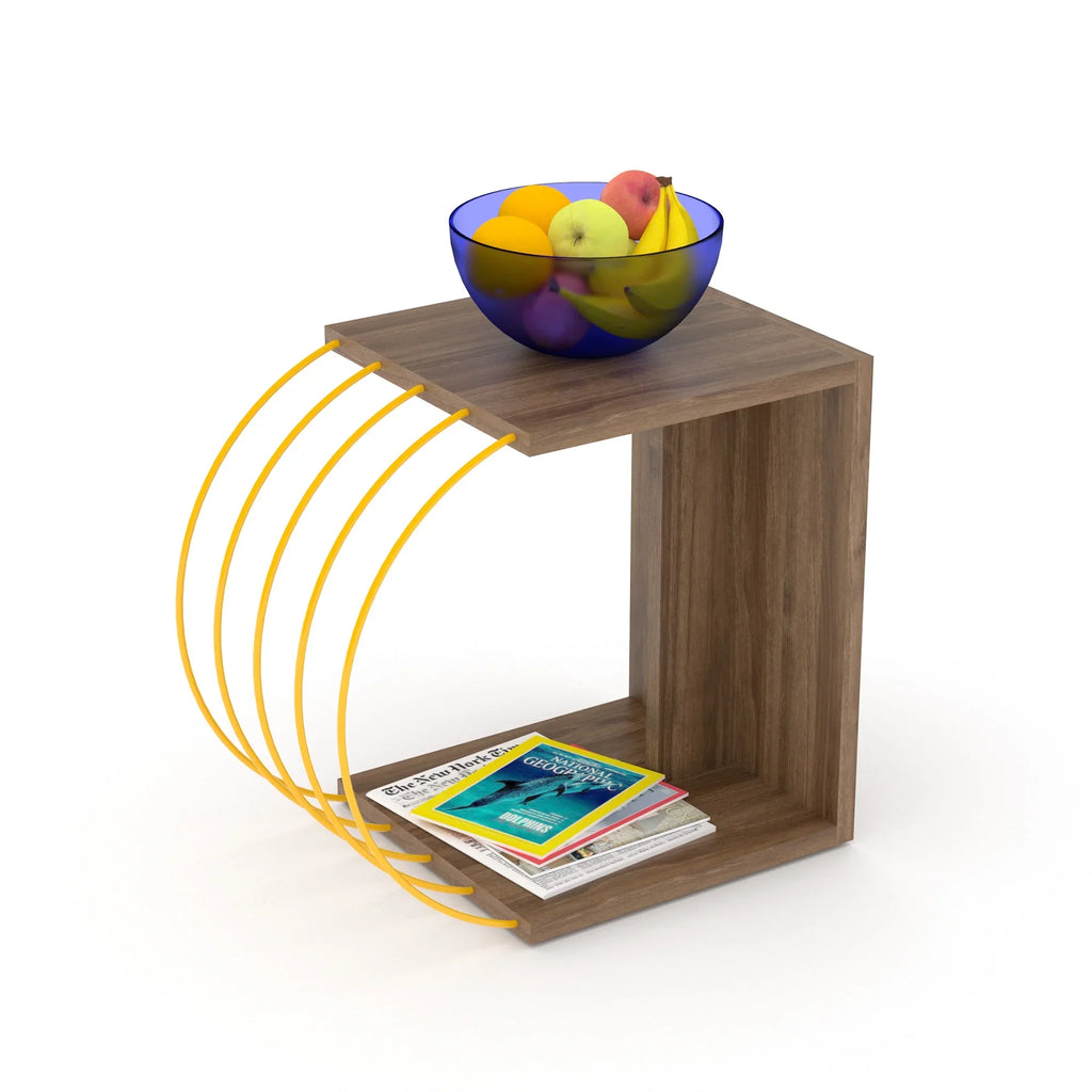 Cassi Wood base with metal acessories side table, Easy to assemble, Walnut-Yellow