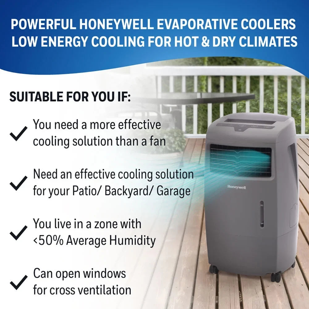 Honeywell 500-694CFM Indoor Outdoor Portable Evaporative Cooler with Fan & Humidifier, Ice Compartment & Remote Control, , Gray
