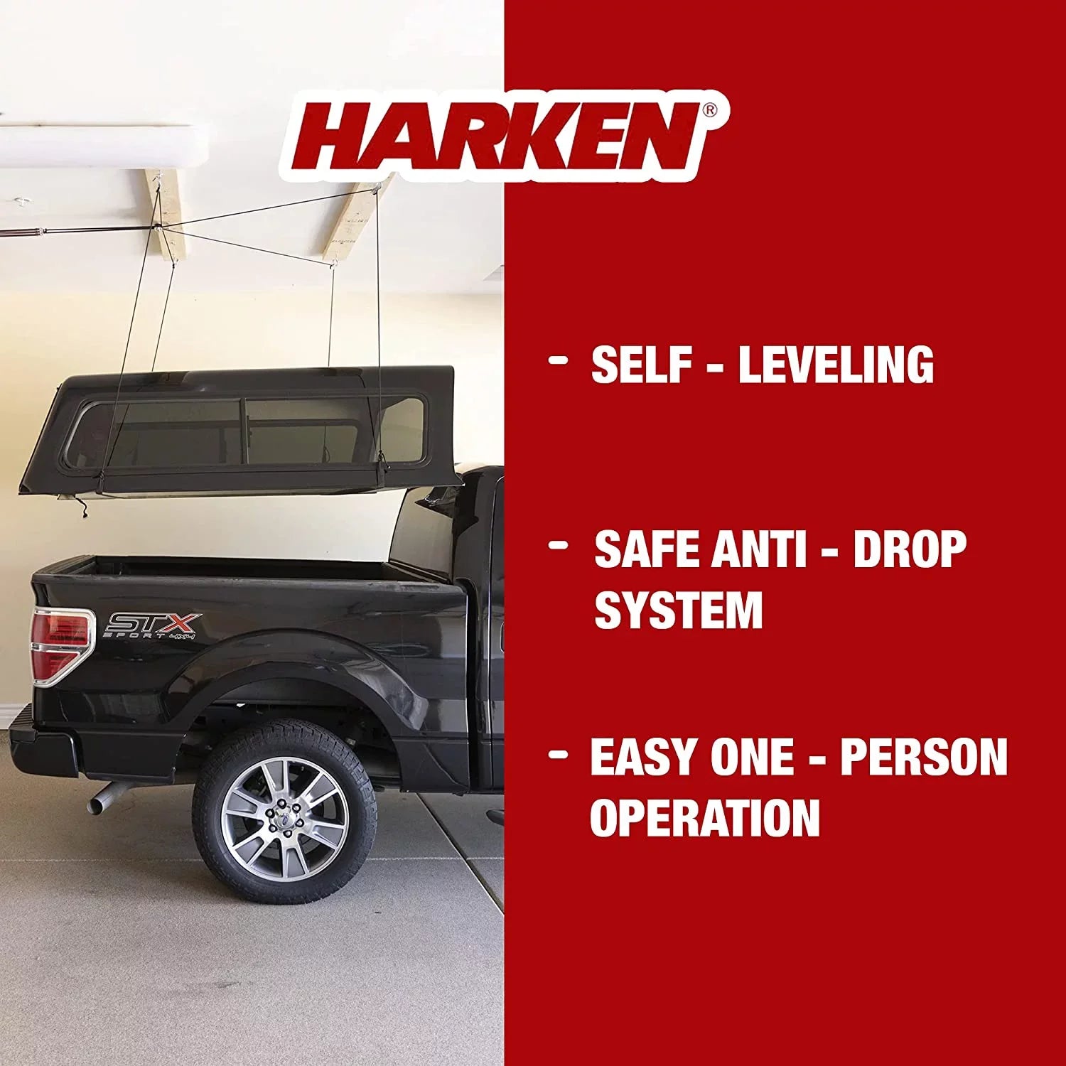 '- Truck Cap Overhead Garage Storage Hoist, Self-Leveling, Safe Anti-Drop System, Easy One-Person Operation, Smart Garage Organization