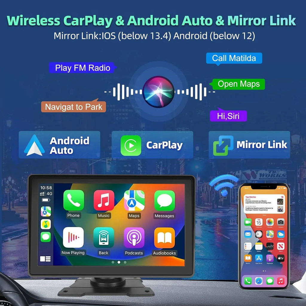 Podofo 12-30V 7" Portable Touch Screen Car Stereo Radio Wireless Carplay Android Auto Mirror Link  Bluetooth / for Car Suv Van Pickup, with Backup Camera