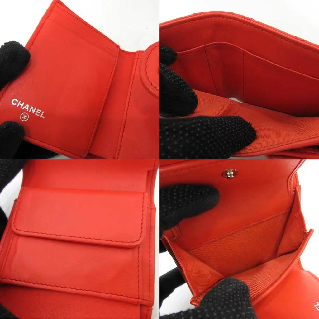 Pre-Owned Chanel Wallet Small Orange Red Series Silver Metal Fittings Mini Trifold Matelasse Women's Lambskin  (Good)