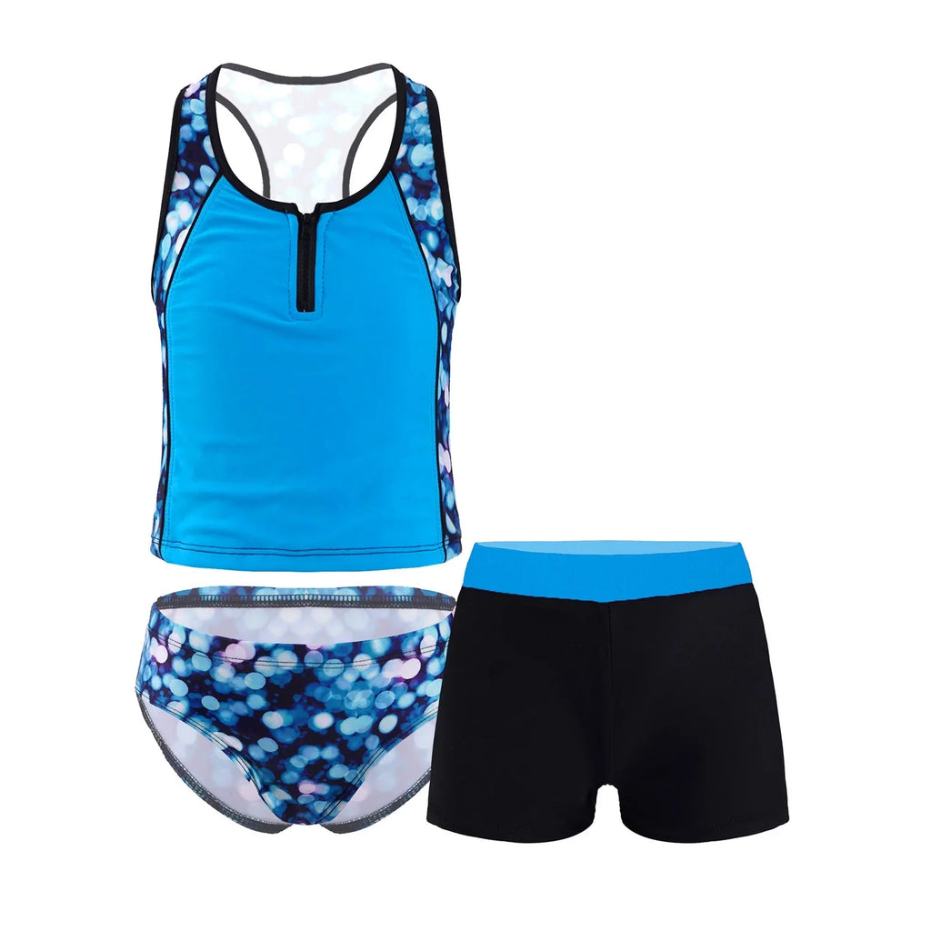 3 Pieces Girls Tankini Swimsuit Set Summer Bathing Suit Floral Hawaii Beach Swimwear,Sizes 4-16 Blue 8