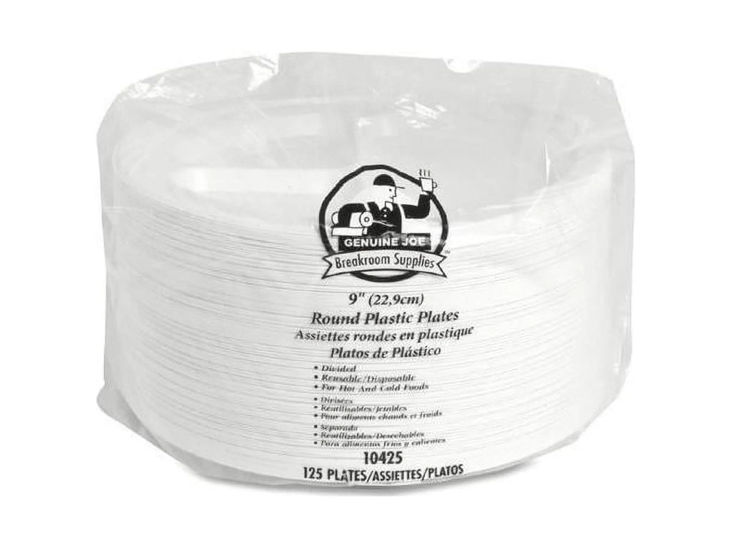 Genuine Joe 3-section Round Plastic Plates, 9", 125 Pack,