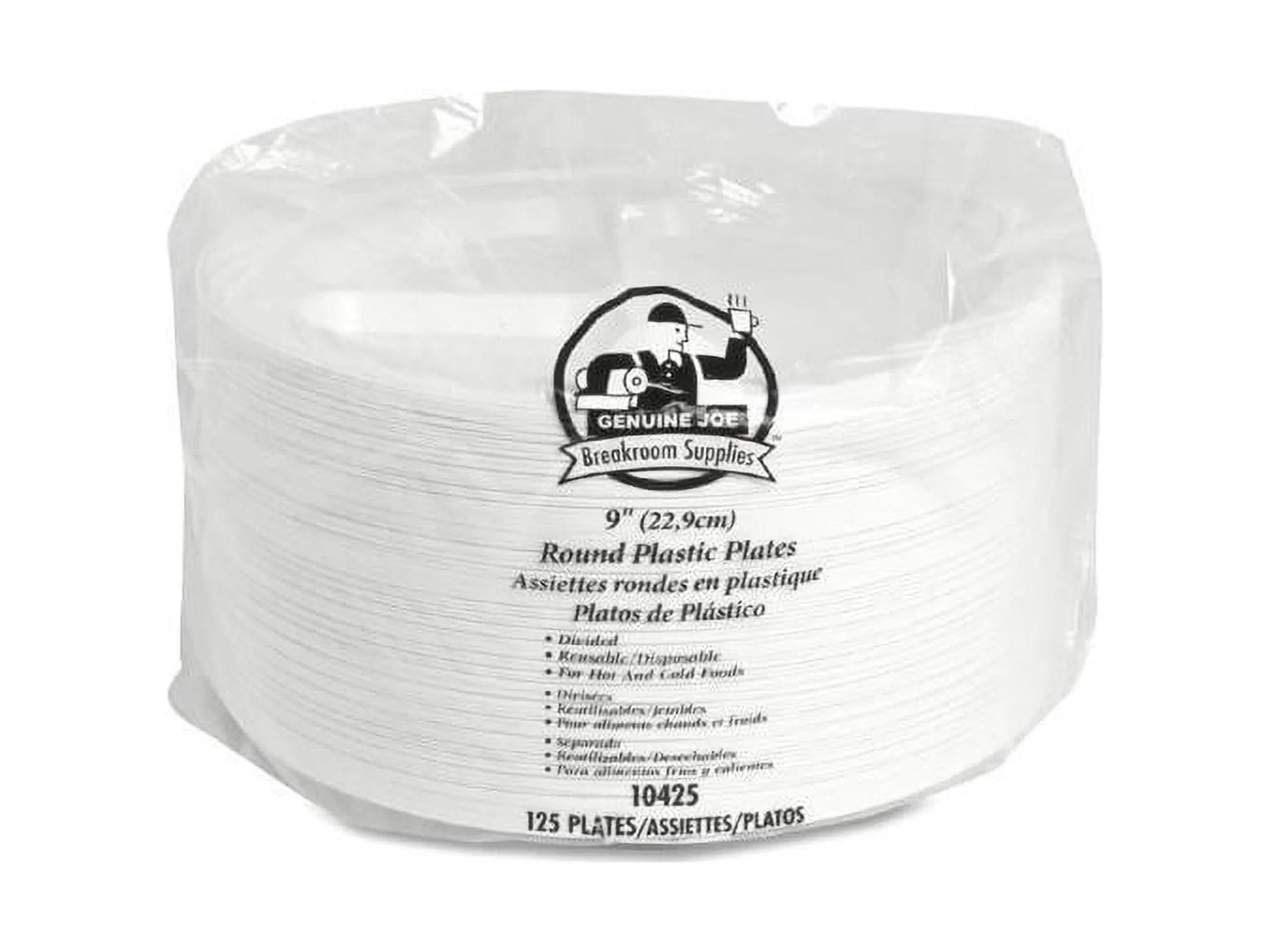 Genuine Joe 3-section Round Plastic Plates, 9", 125 Pack,