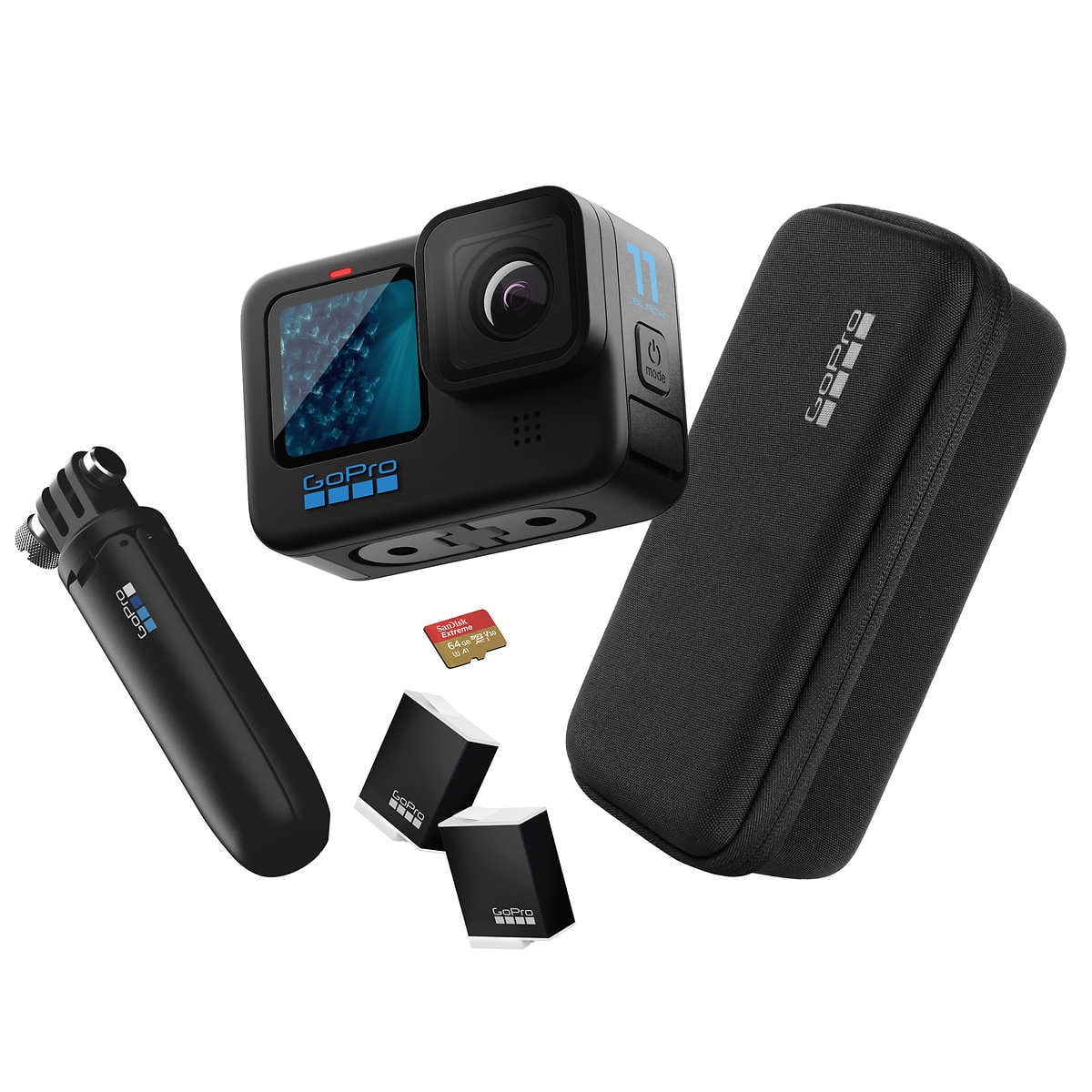 GoPro  Black Action Camera 5.3K, 27MP - Bundle - Includes: Shorty Hand Grip, Spare Enduro Battery (2 total), Compact Case, 64GB microSD