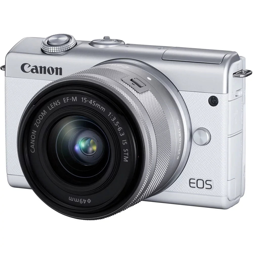 Canon   Mirrorless Camera with 15-45mm Lens (White) (3700C009) + 64GB Memory Card + Card Reader + Case + Flex Tripod + Hand Strap + Cap Keeper + Memory  Wallet + Cleaning Kit