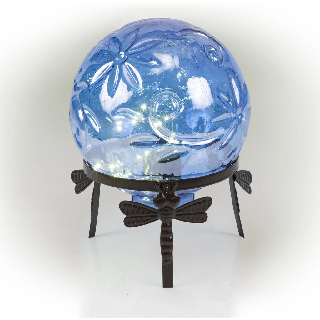 Alpine Corporation 10"  x 10"  x 13"  Embossed Glass Light-up Gazing Globe, Blue