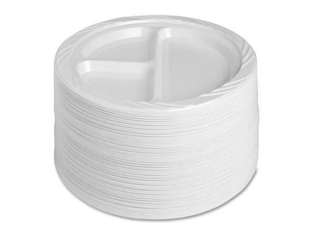 Genuine Joe 3-section Round Plastic Plates, 9", 125 Pack,