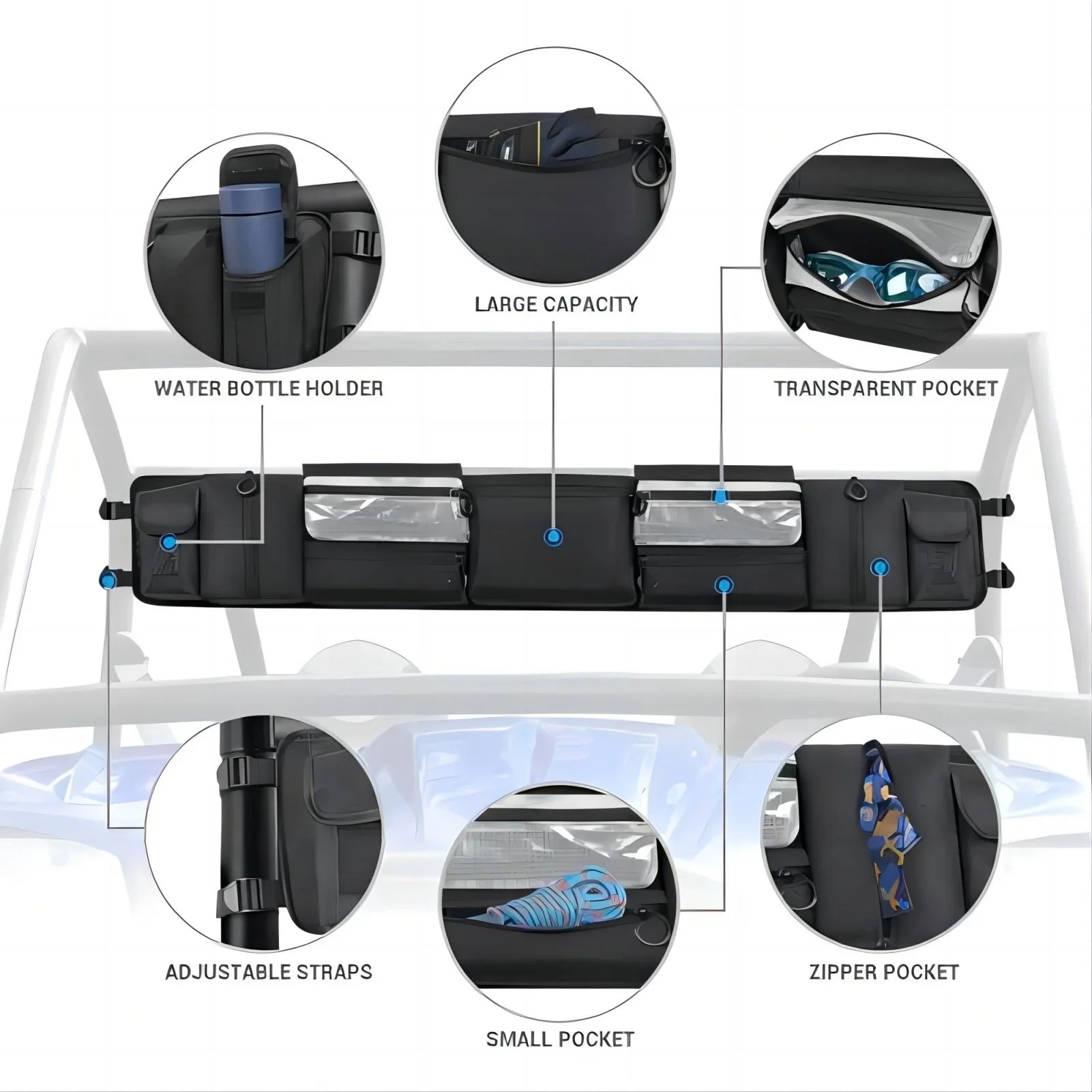 Roll Cage Organizer, Cargo Rear Storage Bag Gear Tool Bag with Multiple Pockets Compatible