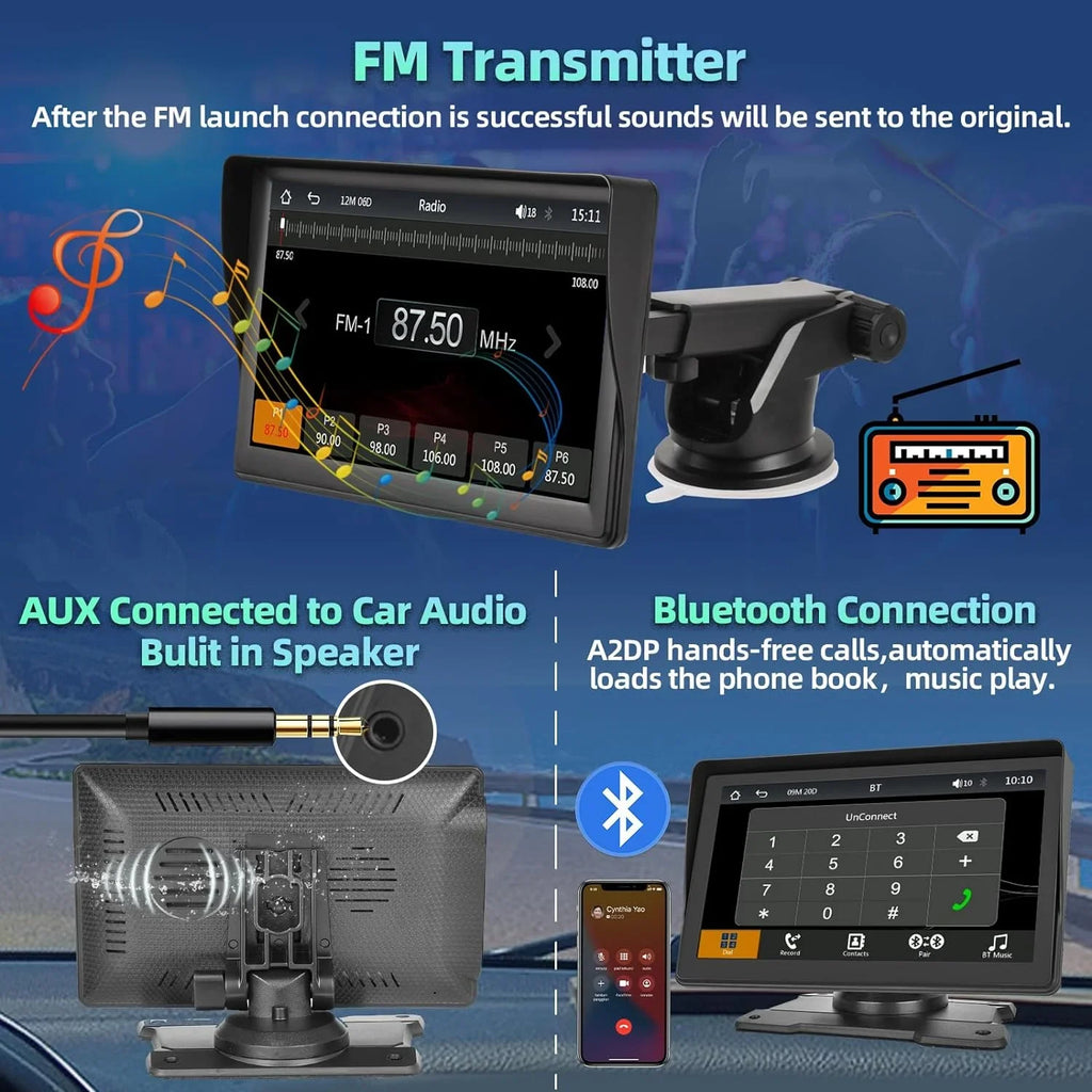 Podofo 12-30V 7" Portable Touch Screen Car Stereo Radio Wireless Carplay Android Auto Mirror Link  Bluetooth / for Car Suv Van Pickup, with Backup Camera