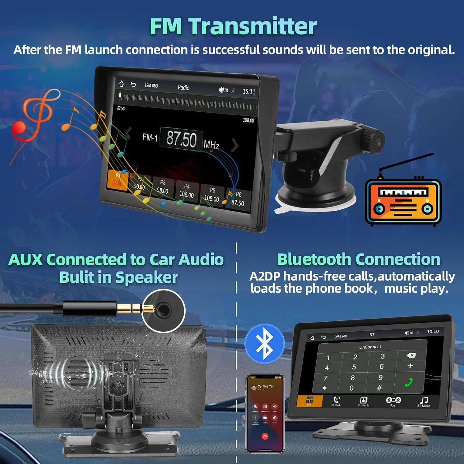 Podofo 12-30V 7" Portable Touch Screen Car Stereo Radio Wireless Carplay Android Auto Mirror Link  Bluetooth / for Car Suv Van Pickup, with Backup Camera