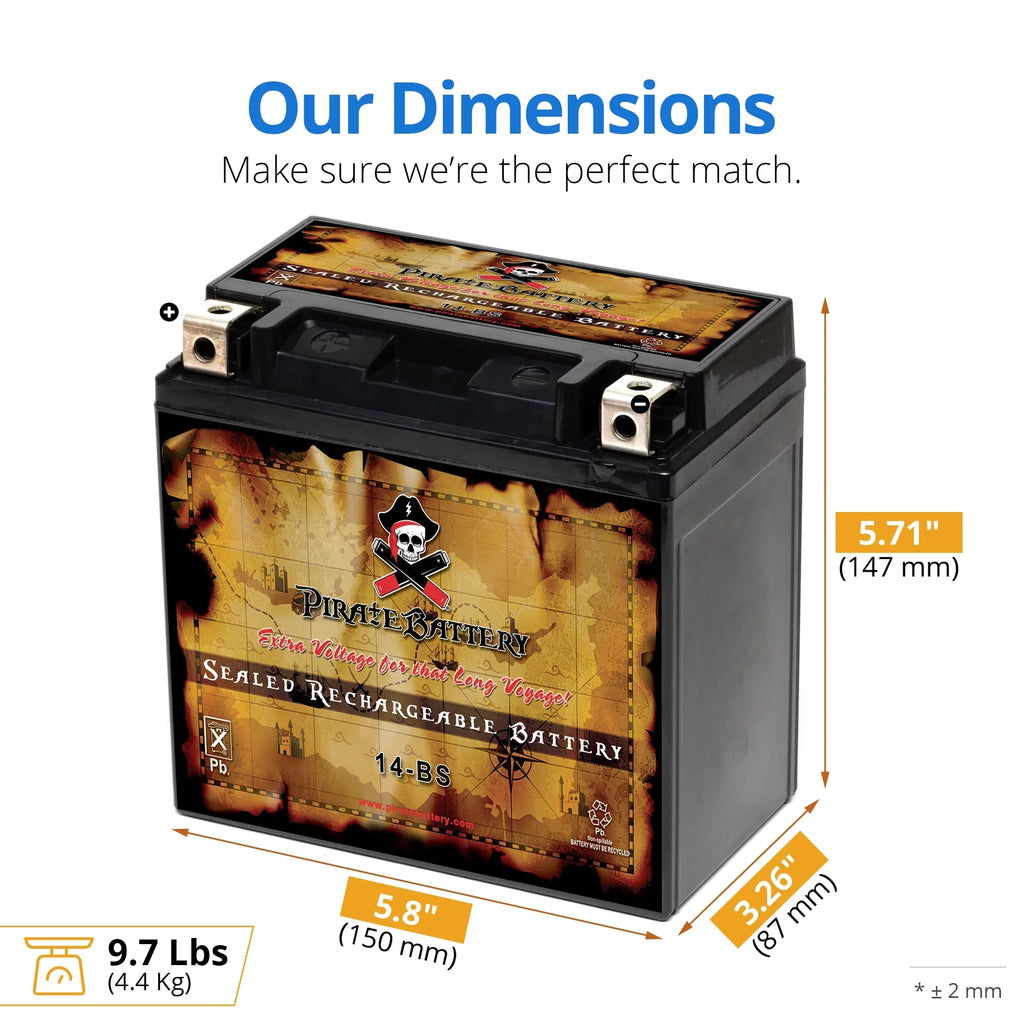 Pirate Battery - (14- 12 Volt,12 Ah, 200 ) Motorcycle Battery for Honda 1100cc Vt1100c, ,  Shadow (spirit, Aero, . . . Tourer) 2007