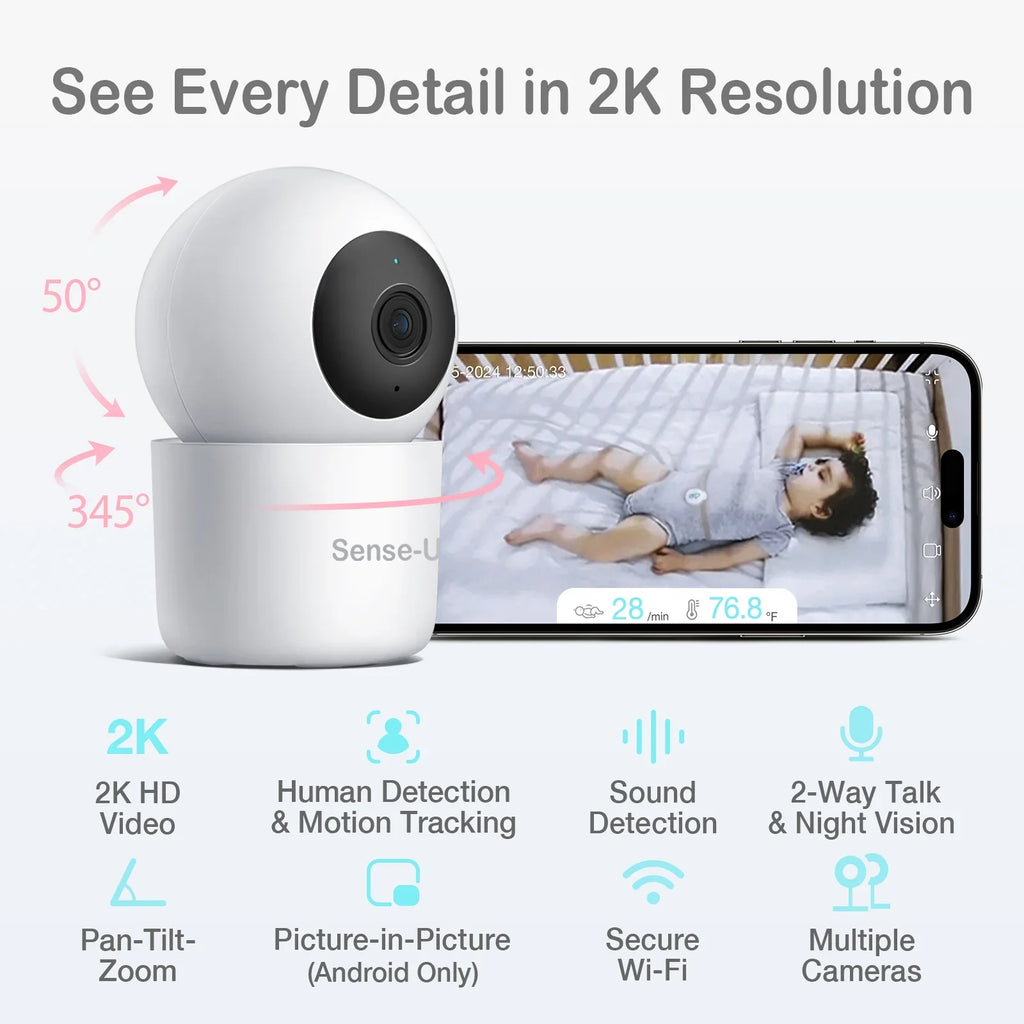 Sense- Smart 2K Video Baby Monitor(& Eligible) with No Monthly Fee, Pan-Tilt-Zoom, Person/Baby Crying Sound/Motion Detection, 2-Way Talk, Night Vision, Background Audio, Activity Zone