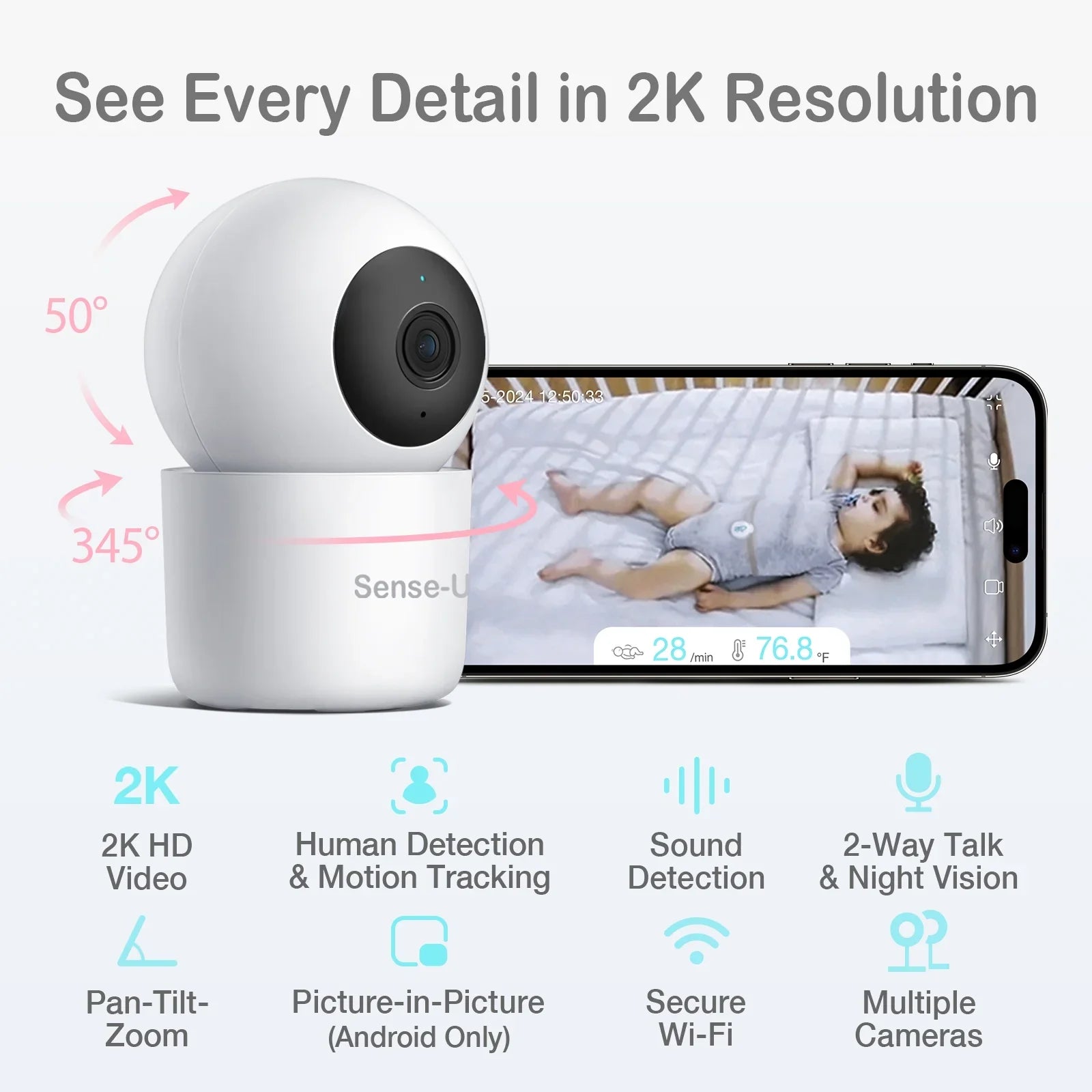 Sense- Smart 2K Video Baby Monitor(& Eligible) with No Monthly Fee, Pan-Tilt-Zoom, Person/Baby Crying Sound/Motion Detection, 2-Way Talk, Night Vision, Background Audio, Activity Zone