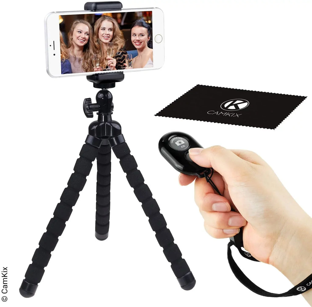 Flexible Cell Phone Tripod and Bluetooth Remote Control Camera Shutter - for iPhone, Samsung Galaxy and Many More -