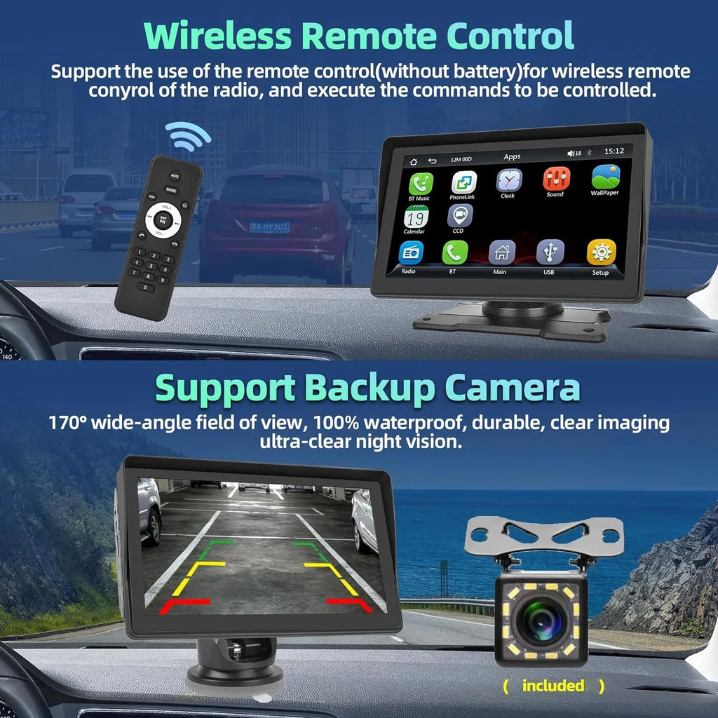 Podofo 12-30V 7" Portable Touch Screen Car Stereo Radio Wireless Carplay Android Auto Mirror Link  Bluetooth / for Car Suv Van Pickup, with Backup Camera