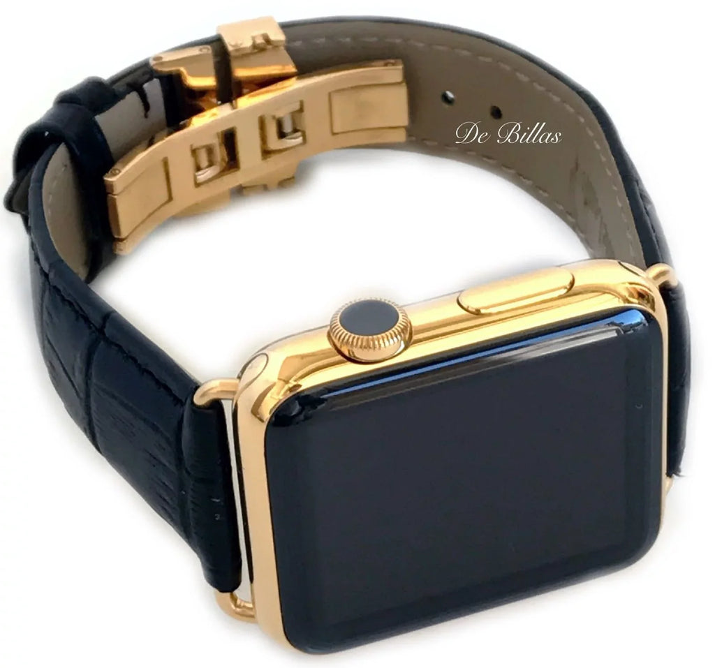 24K Gold 42MM Iwatch Series 2 Stainless Steel Black Band Deploy Buckle