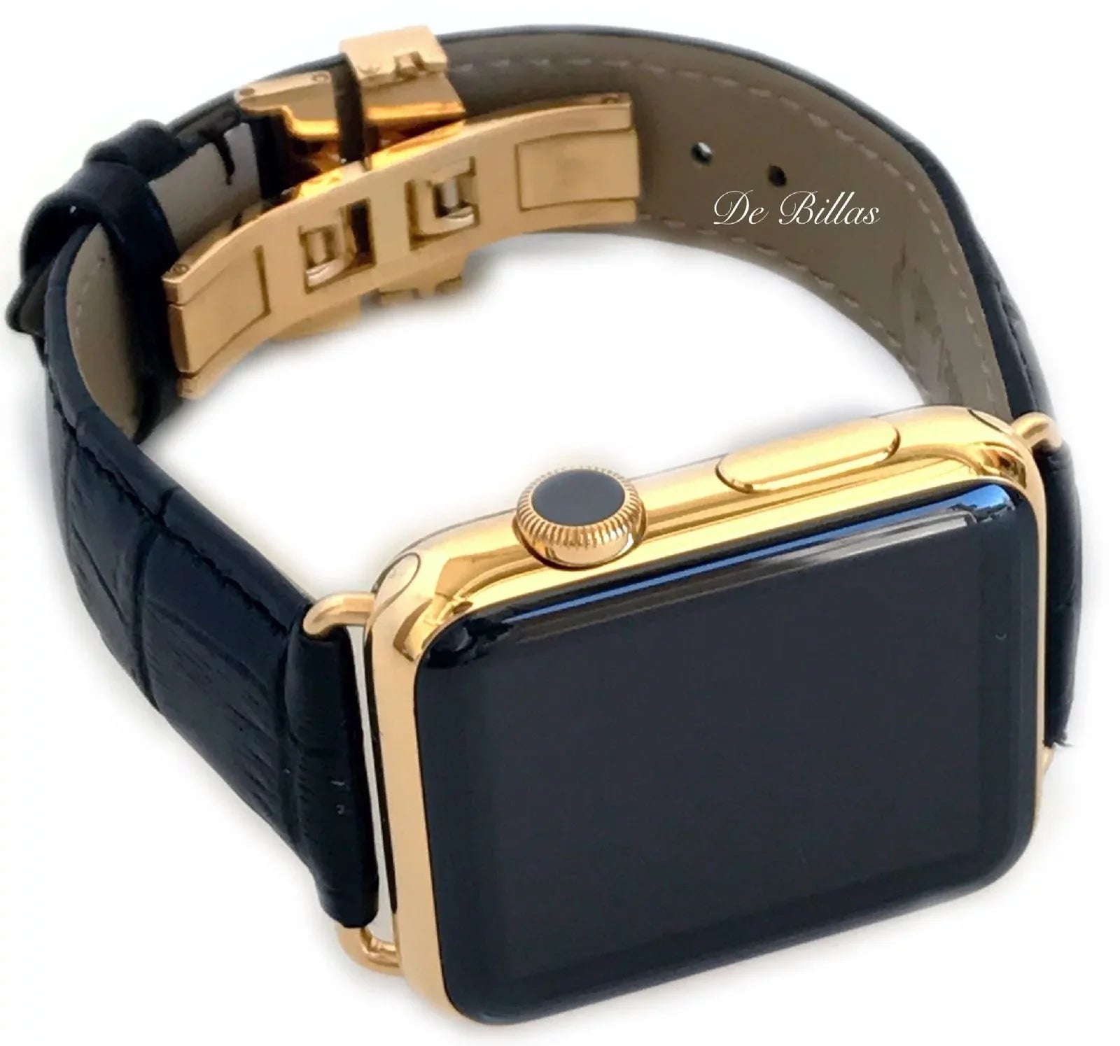 24K Gold 42MM Iwatch Series 2 Stainless Steel Black Band Deploy Buckle