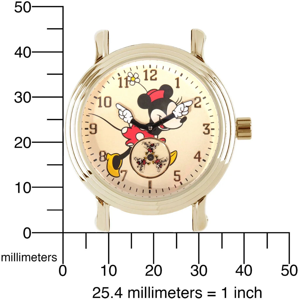 Articulating Classic Minnie Mouse Red Polka Dot Dress Women's Gold Vintage Alloy Watch, Red Leather Strap