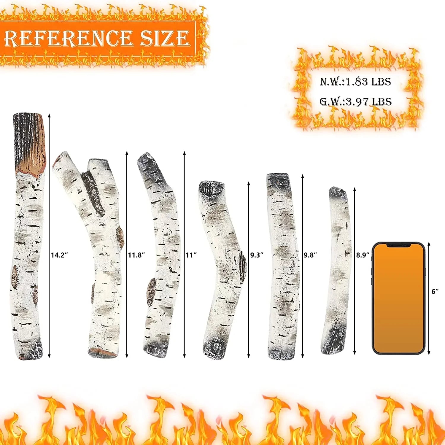 Hisencn Gas Fireplace Logs, 6 Pcs White Birch Ceramic Gas Logs for Gas Fireplace, Indoor Electric Gas Inserts, Propane, Vented, Gel, Ethanol, Indoor or Outdoor Fireplaces, Fireplace Decor