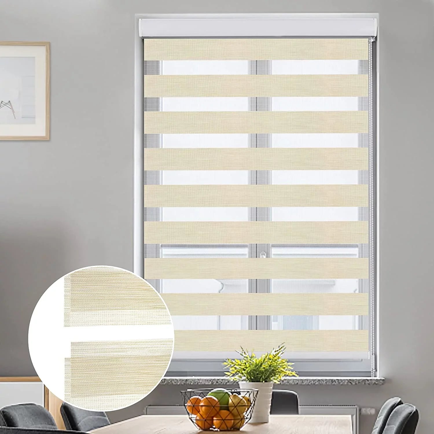 Zebra Blinds for Windows, Dual Layer Roller Sheer Shades Blinds for Day and Night, Light Control Window Treatments Shades with Valance Cover, 29"  x 72" , Striped Beige