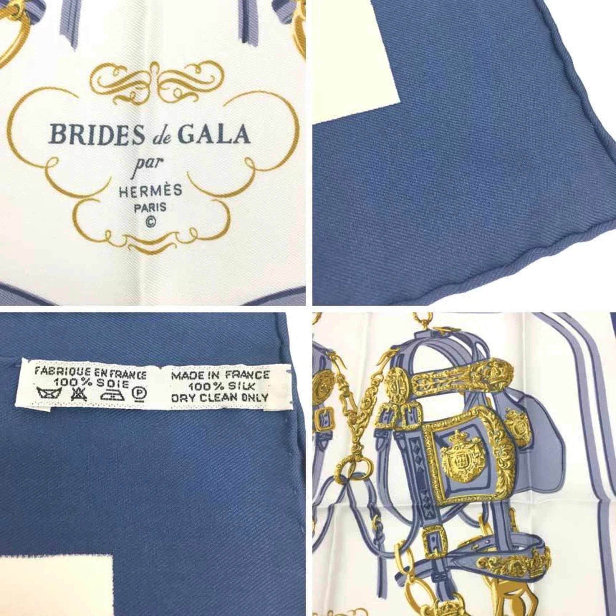 Pre-Owned  Hermes Carre 45 Scarf Muffler  de  (ceremonial bridle) White x Blue 100% Silk (Like New)