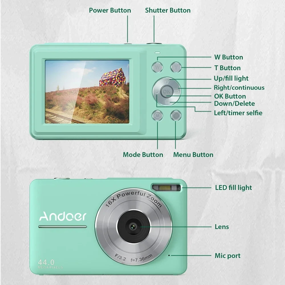 Andoer Portable 1080P Digital Video Camcorder 44MP Auto Focus 2.5  Screen 16X Digital Zoom -shake Face Detect Smile Capture with 32GB Memory 2pcs Batteries Christmas Gift for Teens