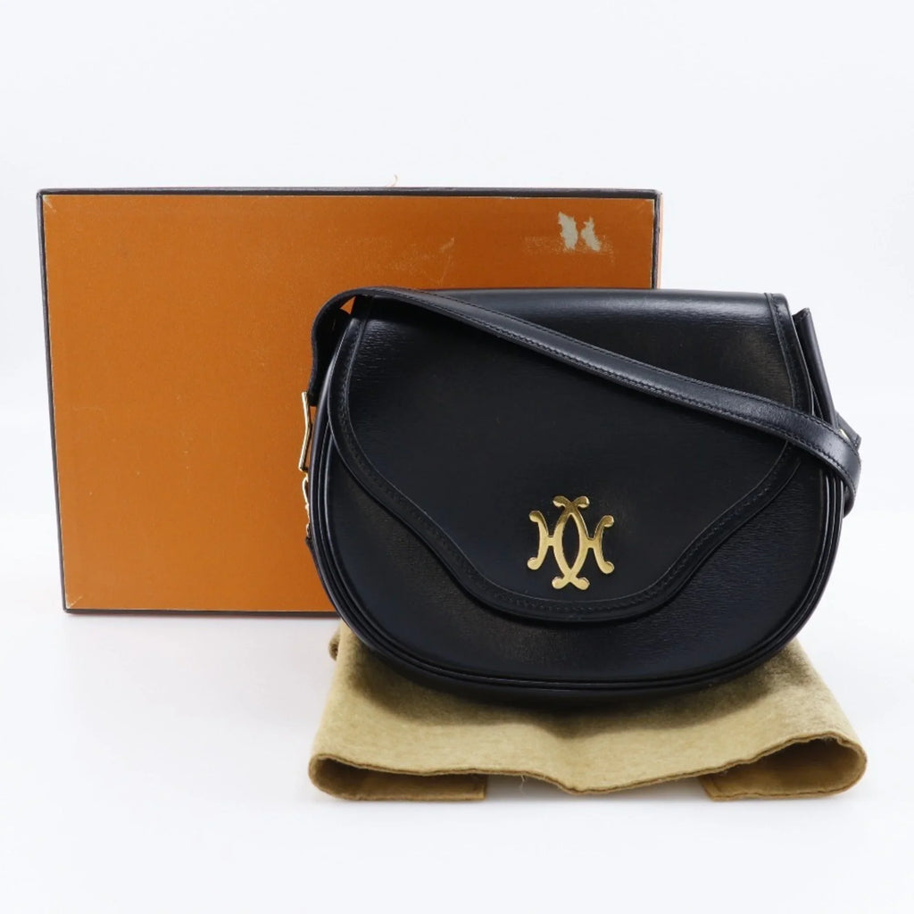 Pre-Owned Hermes  Double  Shoulder Bag Vintage Calf Made in France 1983 Black/Gold Hardware 〇M Crossbody Snap Button Ladies (Fair)