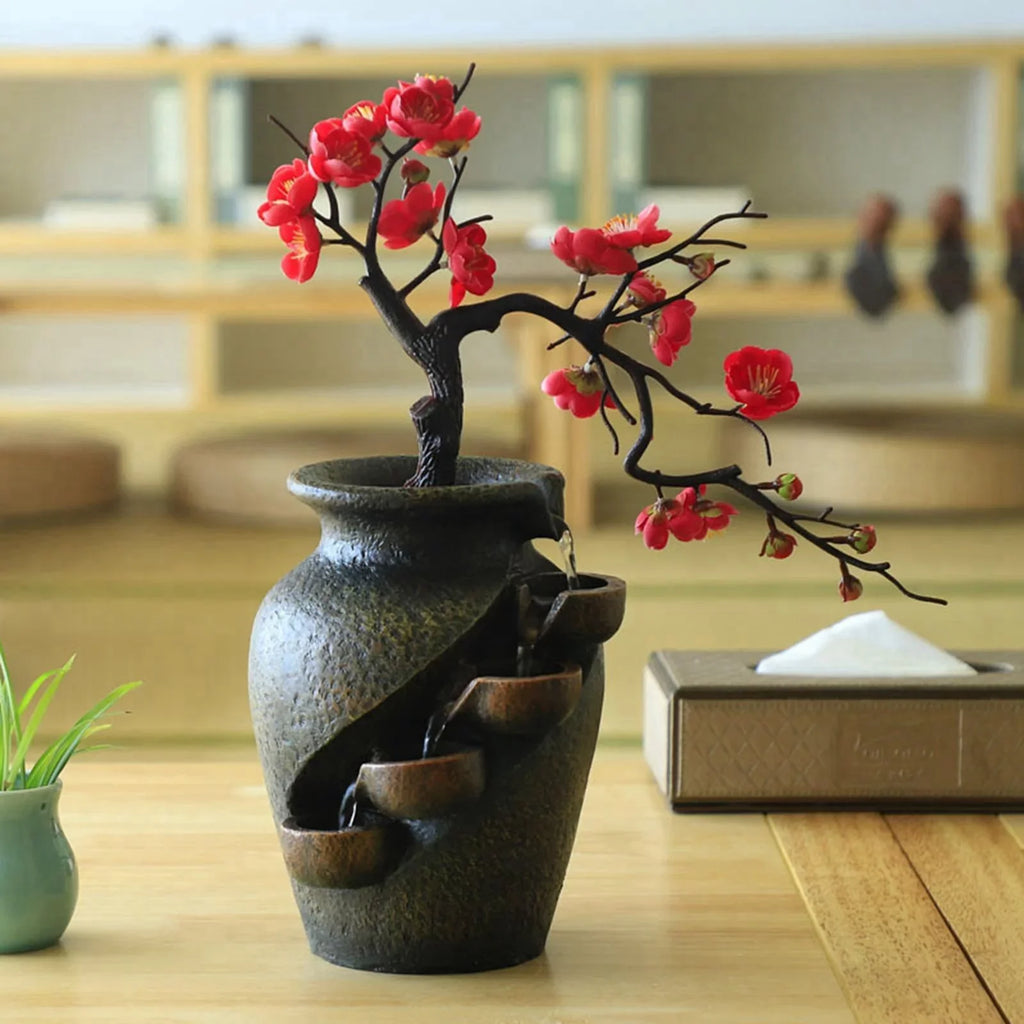 Creative Simulation VaseThree-dimensional Tabletop Water Fountain Soothing Relaxation Flower Vase Craft Feng Shui Waterfall Fountains for Garden Office Living room Desk Decor Gifts