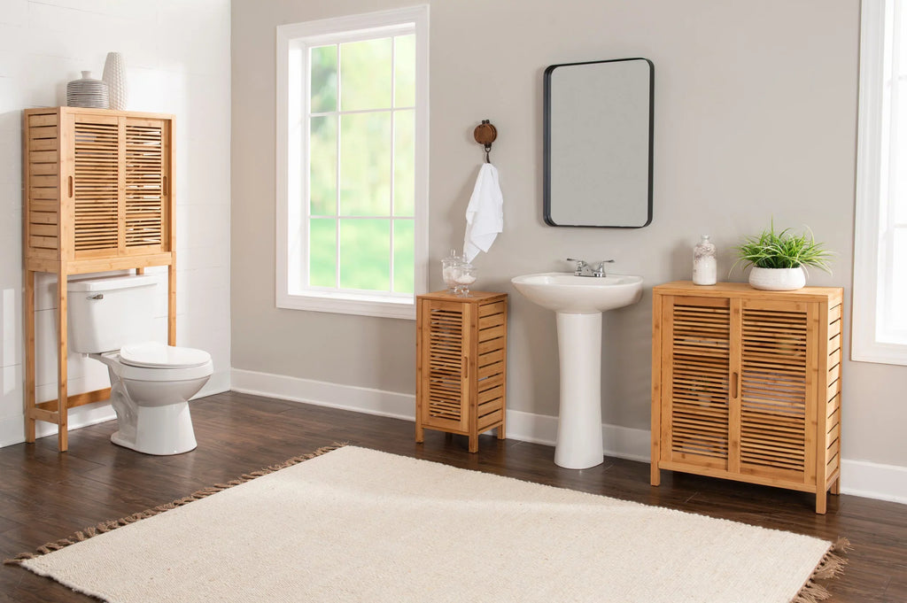 Linon Bracken 3 Shelf 2 Door Bathroom Storage Floor Cabinet, Bamboo