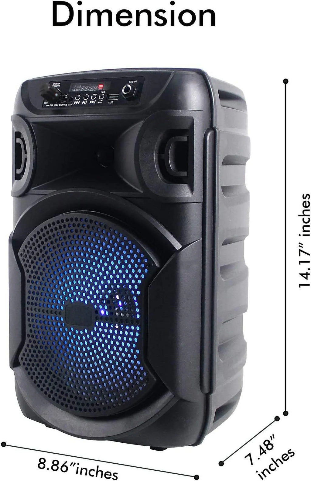8 Inch Portable 500 Watts Bluetooth Speaker /Woofer & Tweeter /Digital Processing,  To 1/4" For Karaoke (Black, Speaker)