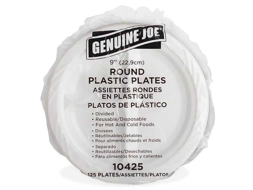 Genuine Joe 3-section Round Plastic Plates, 9", 125 Pack,