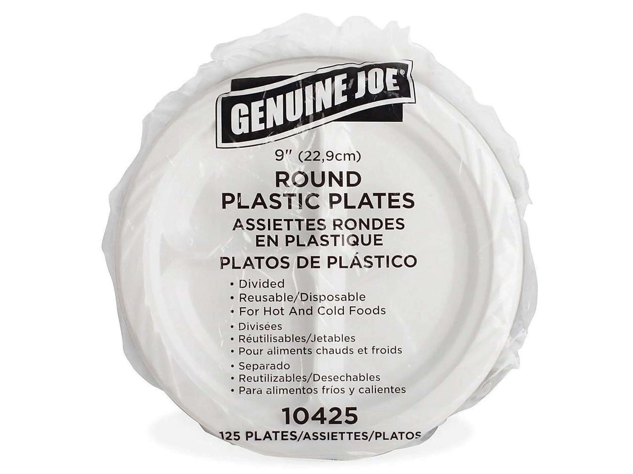 Genuine Joe 3-section Round Plastic Plates, 9", 125 Pack,