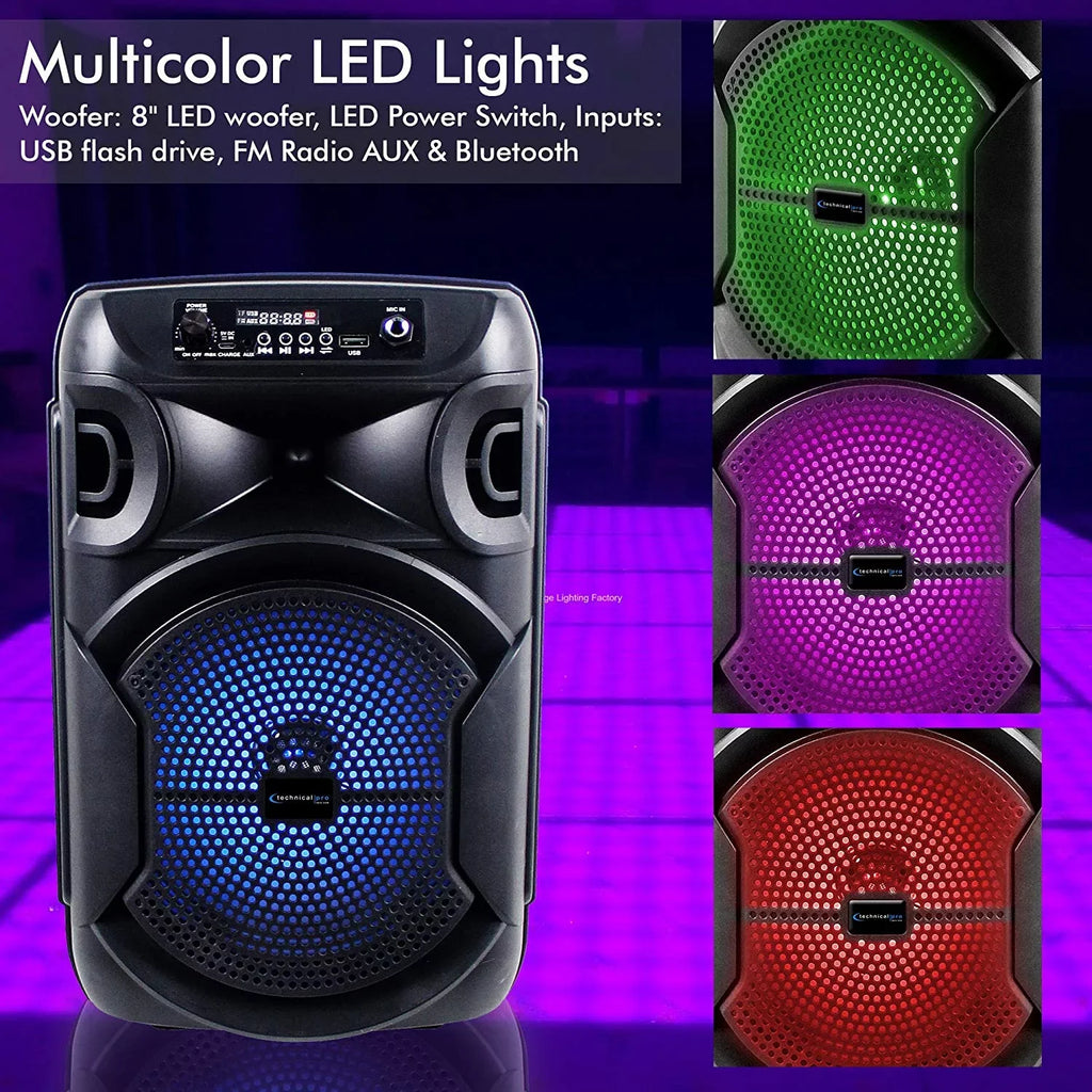 8 Inch Portable 500 Watts Bluetooth Speaker /Woofer & Tweeter /Digital Processing,  To 1/4" For Karaoke (Black, Speaker)