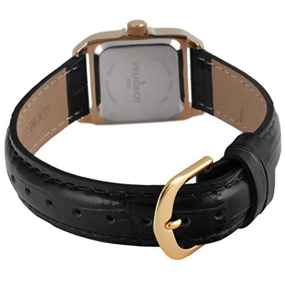 peugeot womens 14k gold plated square tank petite small black leather band luxury dress watch 3052bk