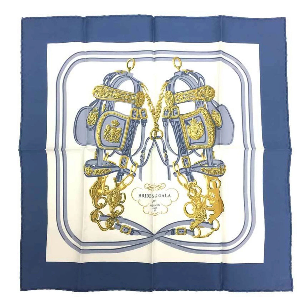 Pre-Owned  Hermes Carre 45 Scarf Muffler  de  (ceremonial bridle) White x Blue 100% Silk (Like New)