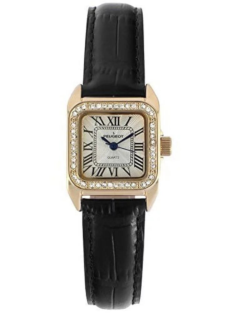 peugeot womens 14k gold plated square tank petite small black leather band luxury dress watch 3052bk